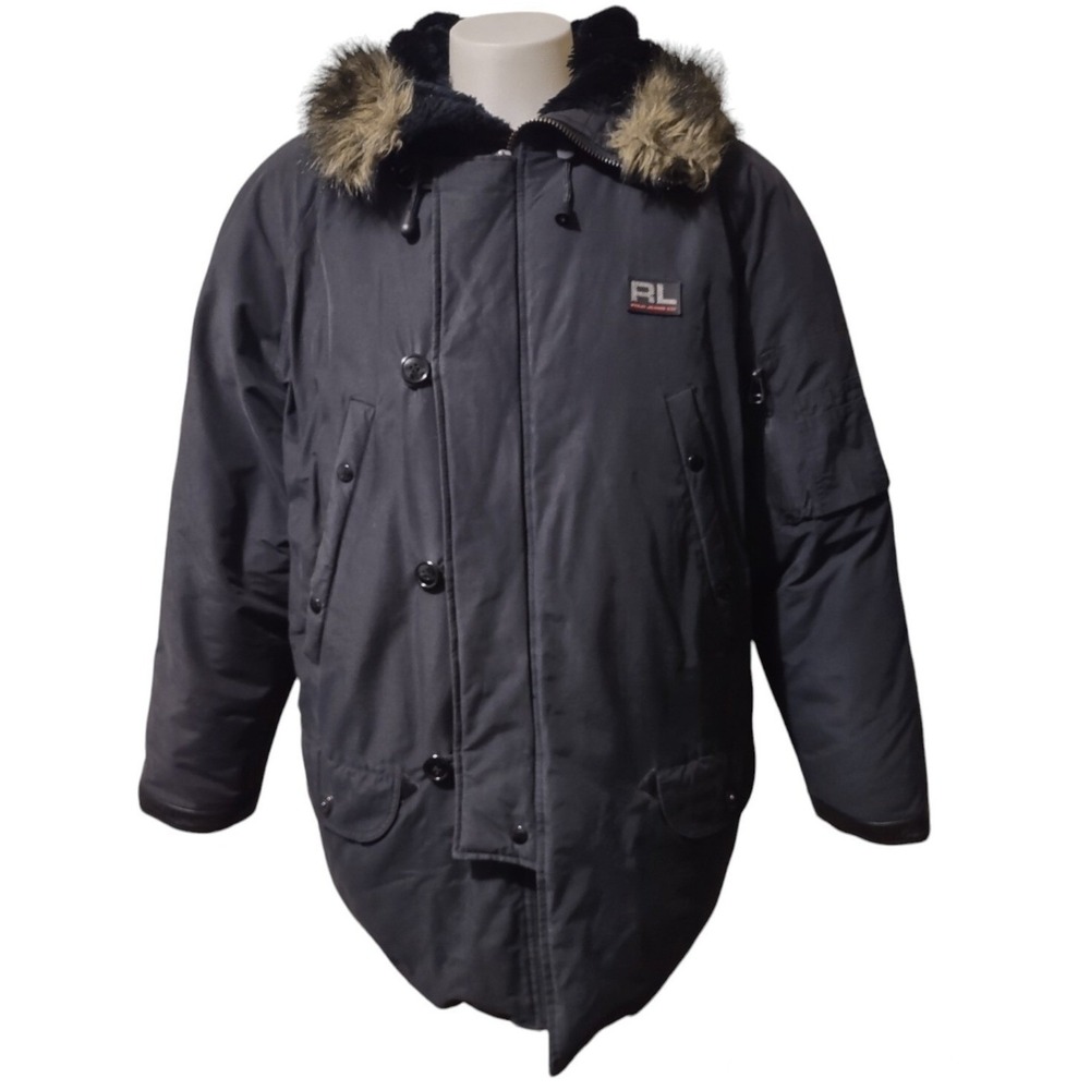 RL Polo Jeans Co. Winter Coat Men's Large Down Fill Fur Hood Zip Button Black